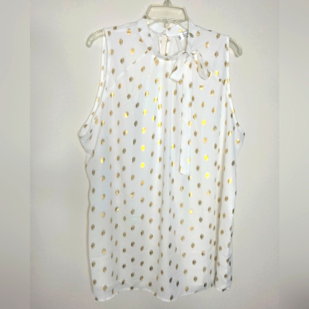 Shannon Ford NY (Size 2X) White & Gold Metallic Polka Dot Halter Blouse